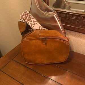Classic Tan Crossbody Bag with Patterned Strap